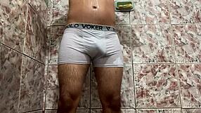 Man Takes Off Underwear in Shower for Masturbation