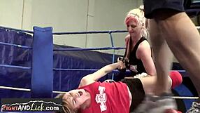 Small tits lesbians wrestling before licking pussy.