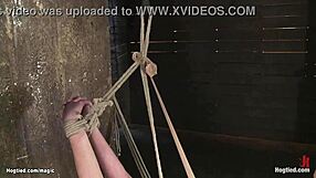 lesbian bound tight in a stressful crouch position