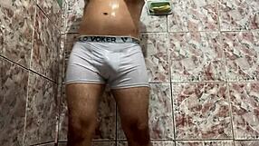 Man Takes Off Underwear in Shower for Masturbation