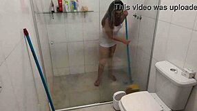 Naughty Gorgeous Woman Masturbates Pussy During Cleaning Fetish Show