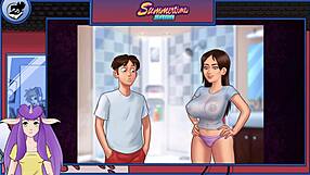 In summertime saga part 12, the goth brunette teacher in anime style with big tits and costumes at college