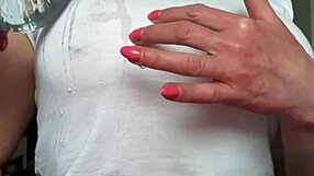 Busty milf orgasms from playing pierced nipples without bra