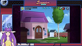 In summertime saga part 12, the goth brunette teacher in anime style with big tits and costumes at college