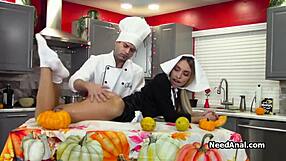 blonde assistant oiled up for hardcore anal with lucky chef