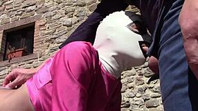 Laura’s crude experience at the outdoors in pink dress and heels