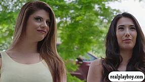 Gorgeous brunette babes say, 'Let's suck and fuck these monster cocks together in a threesome'