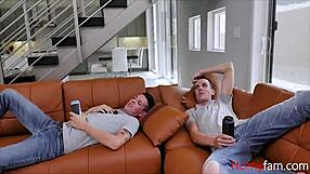 threesome adventure unfolds with twin stepbrothers in a wild sex session.