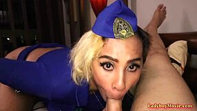 ladyboy stewardess joyly serves on flight