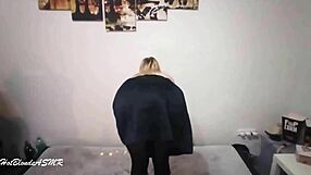 Blonde Miley Grey rips clothes in sexy striptease, revealing shaved pussy