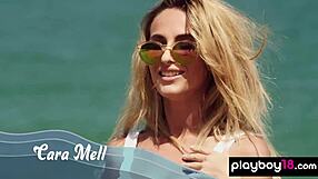 skinny ukrainian blonde cara mell strips and poses at beach