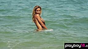 skinny ukrainian blonde cara mell strips and poses at beach