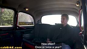 Cute passenger being sicked on breasts and pussy before being bonked in the back seat of the cab of a horny European driver