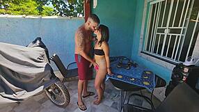 stepson visits dad but milf wife gets bent over doggystyle