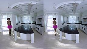 Chocolate candy girl spreads legs on desk in VR