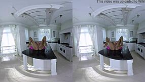 Chocolate candy girl spreads legs on desk in VR