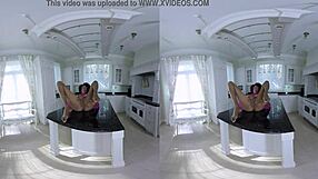 Chocolate candy girl spreads legs on desk in VR