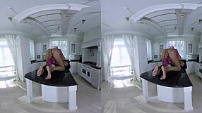 Chocolate candy girl spreads legs on desk in VR