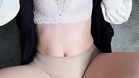 Asian Woman in Transparent Stockings Teases with Wet Pussy Masturbation