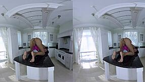 Chocolate candy girl spreads legs on desk in VR