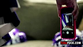 Stepdad interacts with stunning brunette cheerleader in uniform