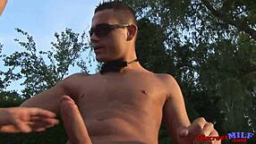 Mature milf deepthroats and fucks in public park