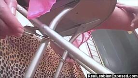 Handcuffed blonde lesbian slave gets dominated with toys by tattooed mistress