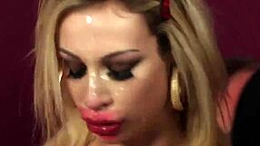 Slutty idol covered in cum while sucking eagerly.