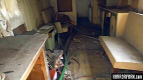 Beast licks bound woman outdoors.