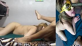 My stepbrother exploded his cumshot when I deepthroated the condom!