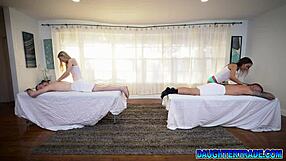 lucky dads getting special massages from each others stepdaughters. blonde and brunette teens with big cocks involved