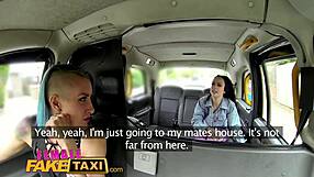 Female fake taxi driver bangs tight lesbian pussy with strap-on!