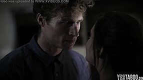 The jealous stepbrother roughly bends over his petite stepsister, sucking her tits before doggystyle fucking her tight pussy