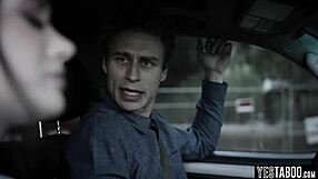 The jealous stepbrother roughly bends over his petite stepsister, sucking her tits before doggystyle fucking her tight pussy