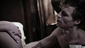 The jealous stepbrother roughly bends over his petite stepsister, sucking her tits before doggystyle fucking her tight pussy