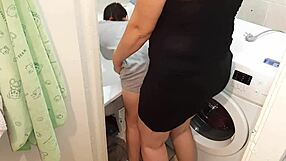 fucking the maid in the bathroom with strapon for lesbian orgasm