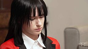 yumeko jabami defeated and fucked on table, cum covered pussy orgasm