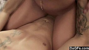 Hey, check out this brunette slut in lingerie giving a sloppy blowjob on the sofa