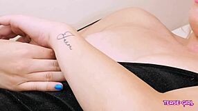 Super hot blonde teen teases on the sofa, hinting at wild anal with uncle.