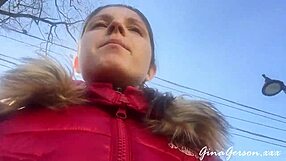 Skinny blonde teen waits for visa in st petersburg public spot.