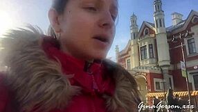 Skinny blonde teen waits for visa in st petersburg public spot.