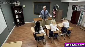 Principal Kyle Mason guides his blonde students in sexual experiments