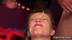 Unusual Hottie Receives Cumshot Facial and Bukkake in POV Blowbang