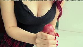 busty redhead girl jerks off a huge dildo at home