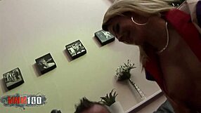 Watch this small blonde get deepthroat and double penetration in a crazy threesome