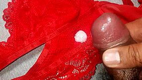 Wow, I came on my friend's red lingerie while jerking off!
