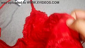 Wow, I came on my friend's red lingerie while jerking off!