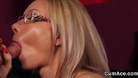 foxy babe swallows cum in blowbang facial