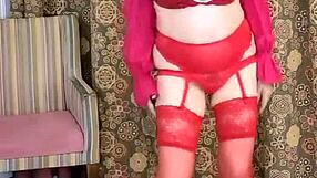 Hot Busty Milf Mariaold Poses In Red Stockings And High Heels Shoes.