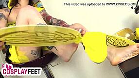 ;Erotic foot related foot fondling with focus on the removal of heels and Striped stockings while portraying the character of a bee